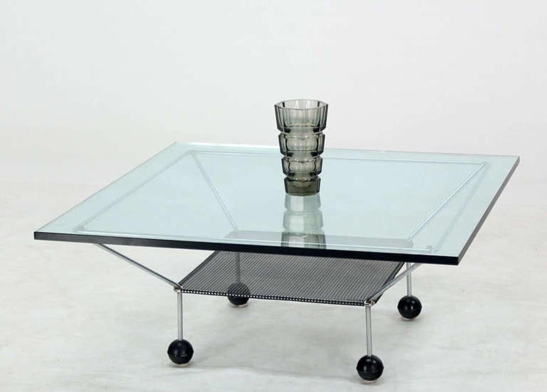 Cast Mid Century Modern Square Glass Top Coffee Table Atomic Round Ball Shape Legs For Sale