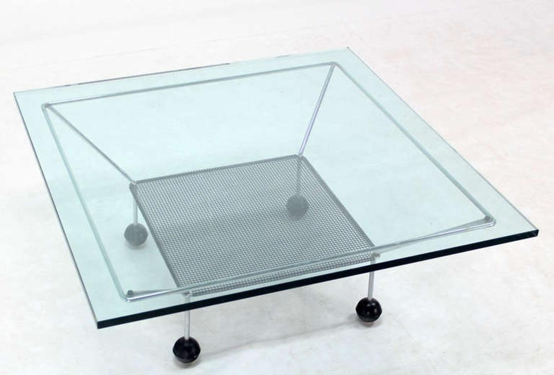 Mid Century Modern Square Glass Top Coffee Table Atomic Round Ball Shape Legs In Good Condition For Sale In Rockaway, NJ