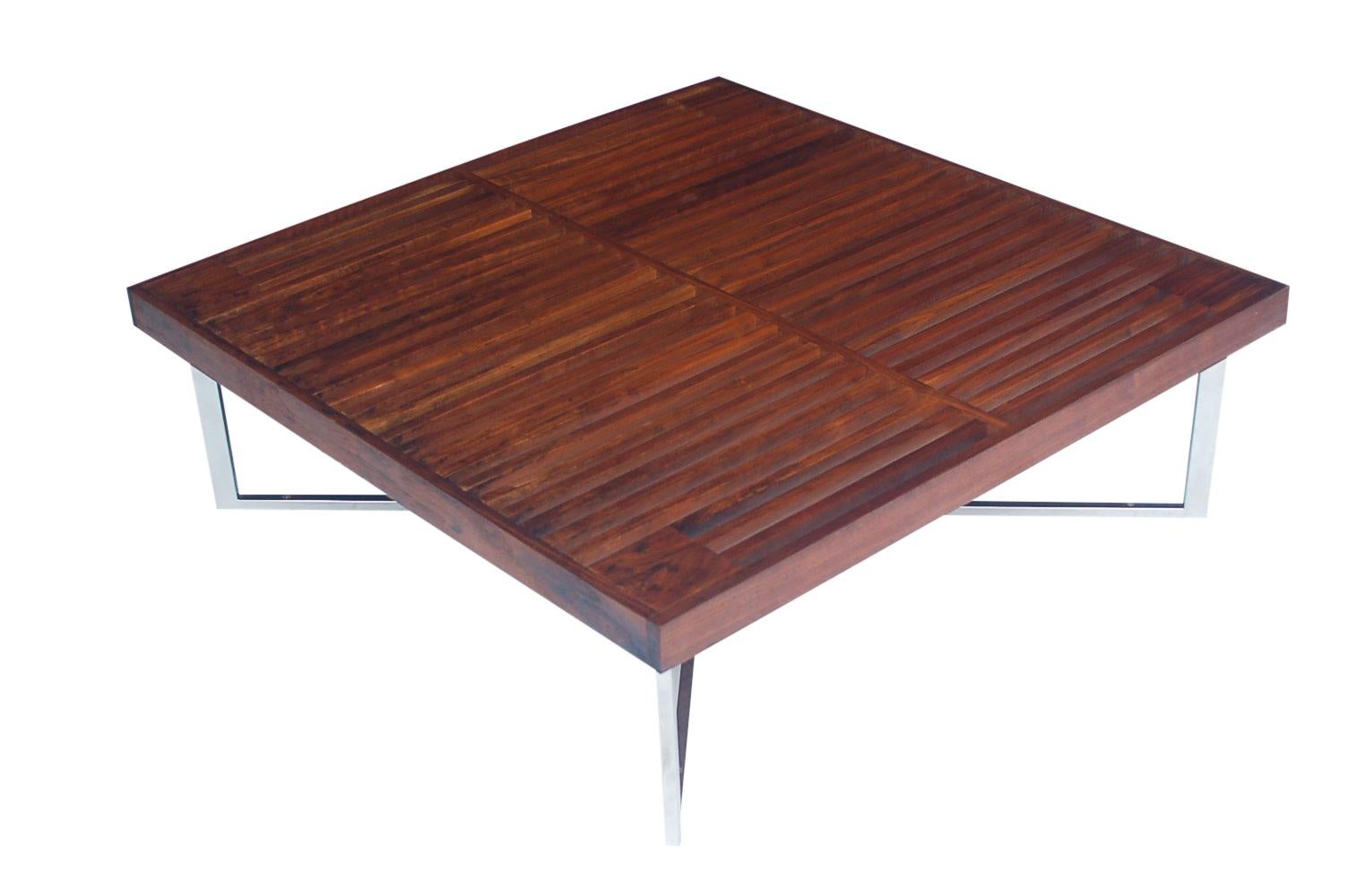 Steel Mid-Century Modern Square Slat Wood Cocktail Table with X-Base after Nelson For Sale