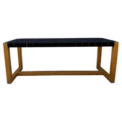 Mid century modern square solid oak frame black woven canvas bench