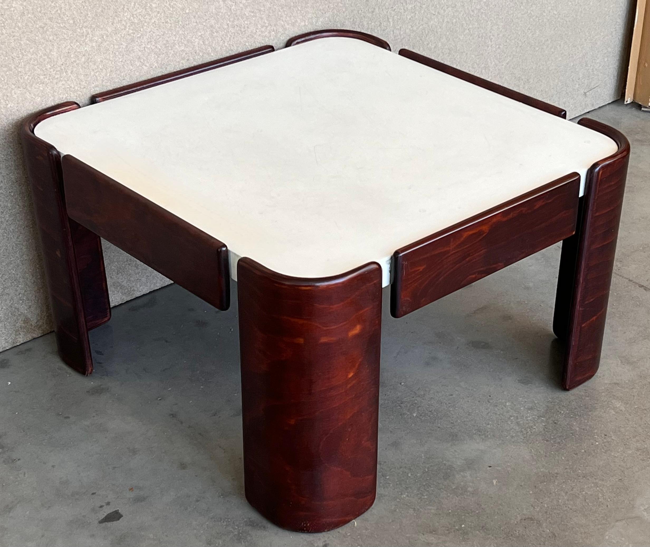 Spanish Mid-Century Modern Square Table with Curved Legs and White Top For Sale