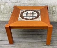 Mid Century Danish Teak Square Coffee Table with Geometric Ceramic Tile Inlay