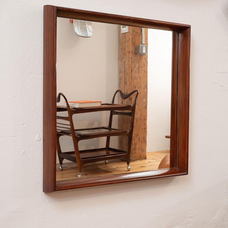 Varnished Mid-Century Modern Square Wall Mirror in Solid Wood Frame, Brazil, 1960s