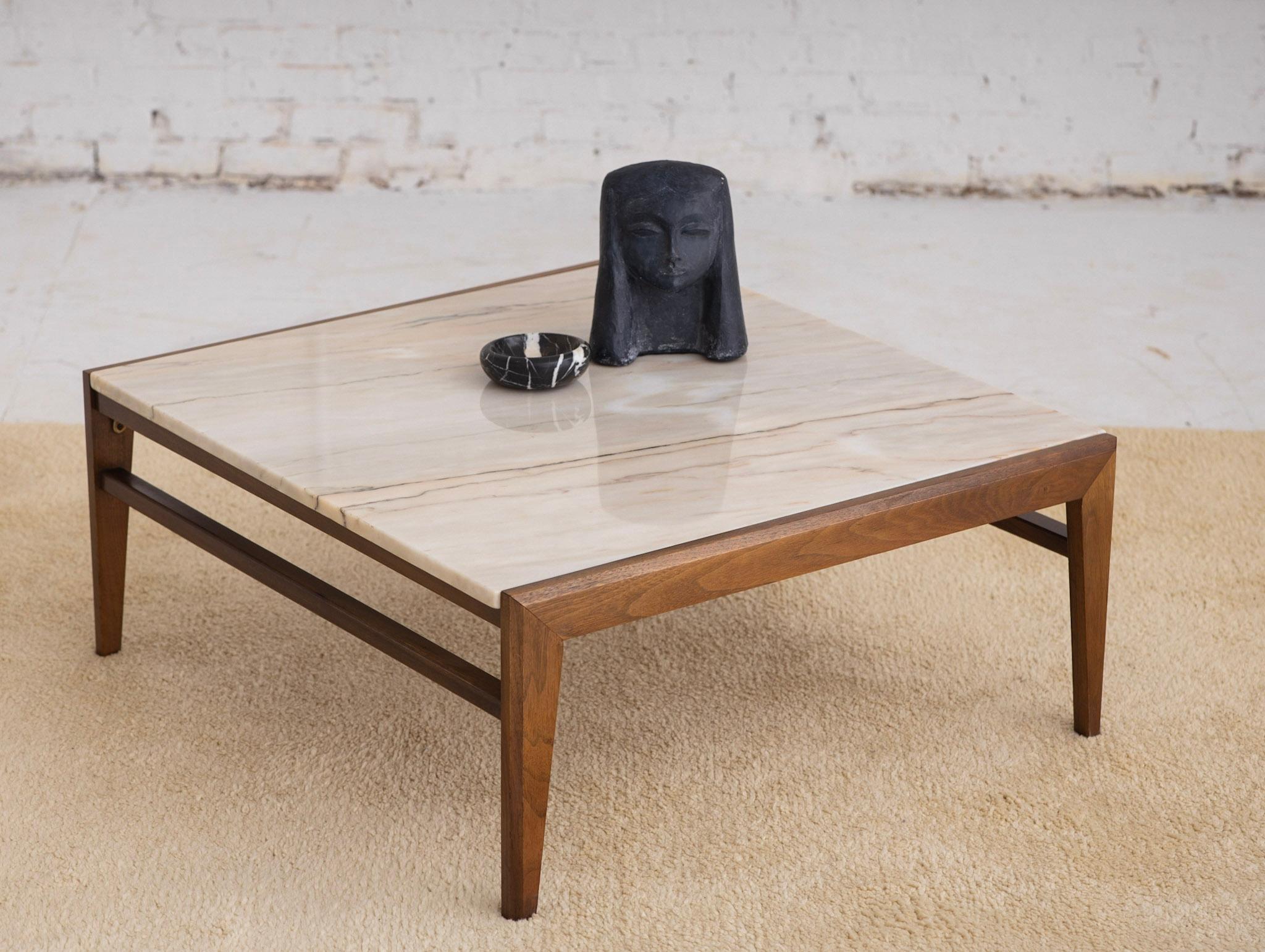 Mid-Century Modern Square Walnut Frame Marble Coffee Table 4