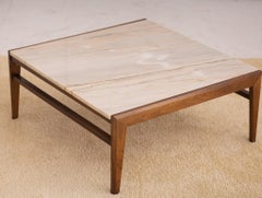Mid-Century Modern Square Walnut Frame Marble Coffee Table