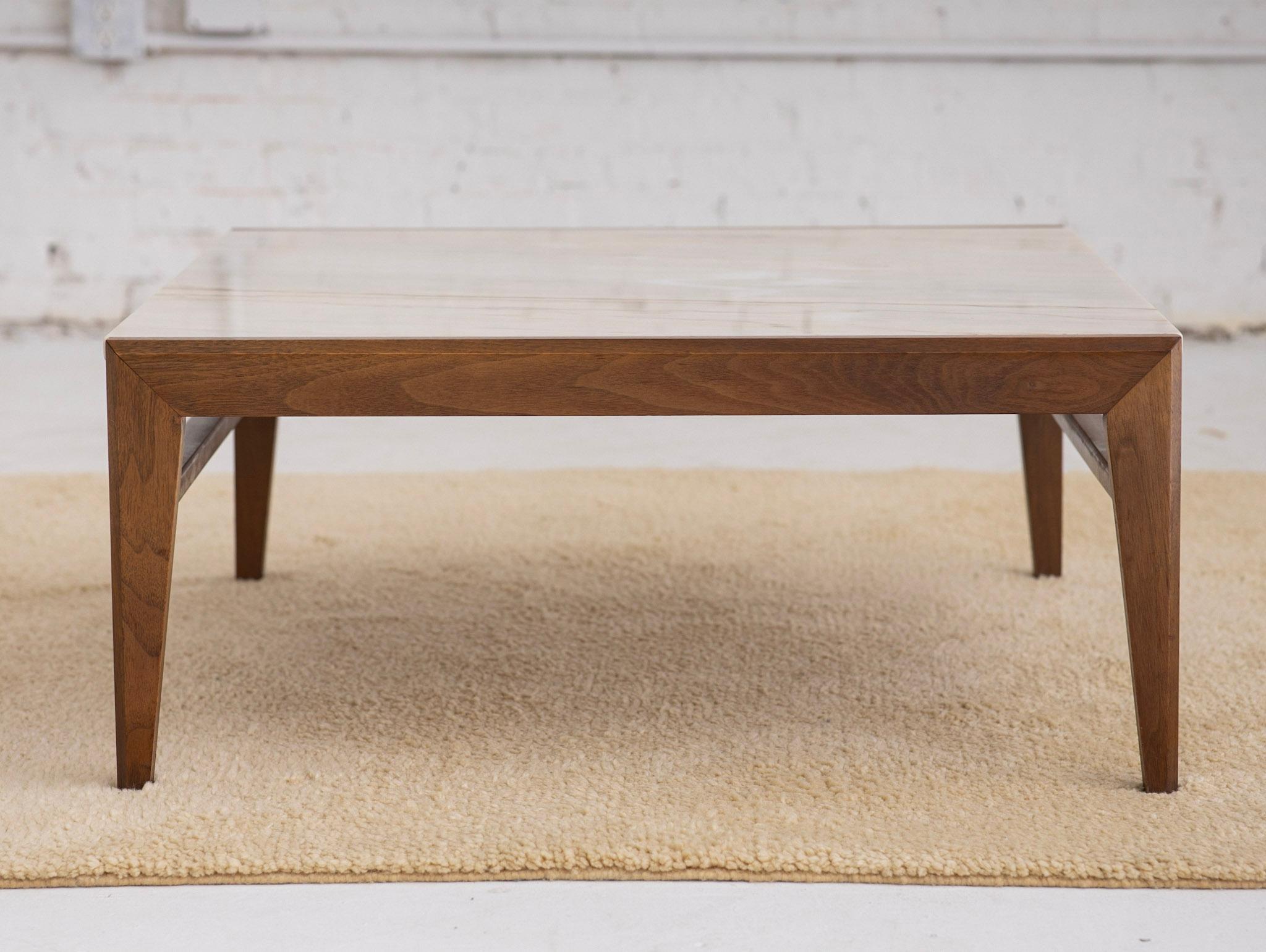 Mid-Century Modern Square Walnut Frame Marble Coffee Table In Good Condition In Brooklyn, NY