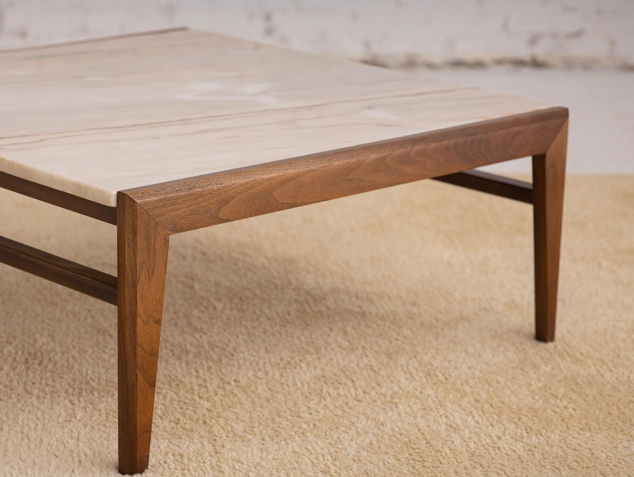 Mid-Century Modern Square Walnut Frame Marble Coffee Table 3