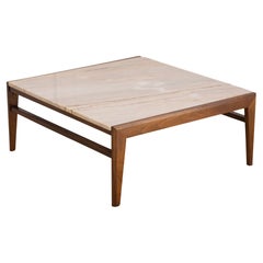 Mid-Century Modern Square Walnut Frame Marble Coffee Table