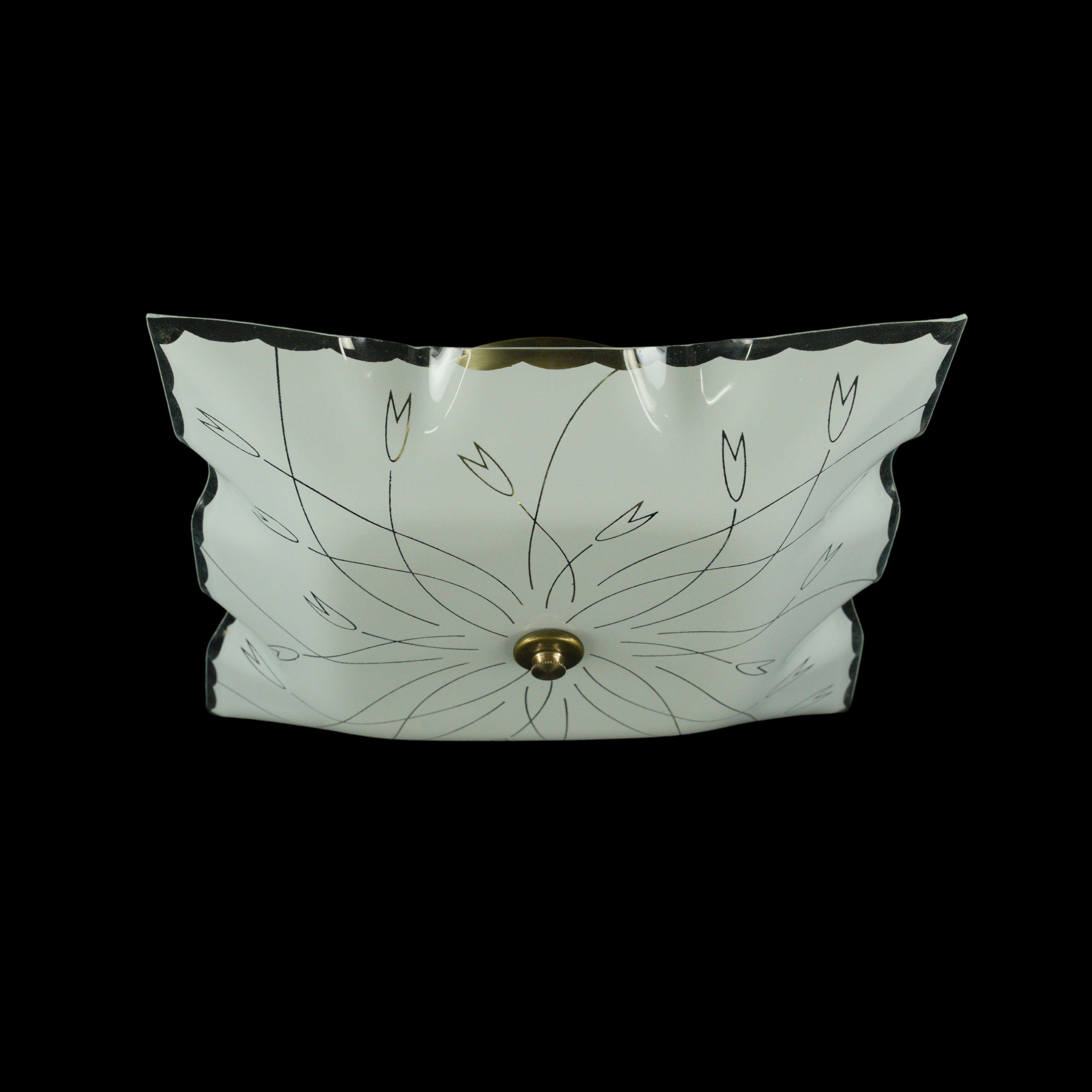 Mid-Century Modern style 1960s square glass etched floral ceiling light with brass coated steel hardware. This requires two standard medium base bulbs. This light is wired and ready to ship.  Cleaned and restored. Good condition with appropriate