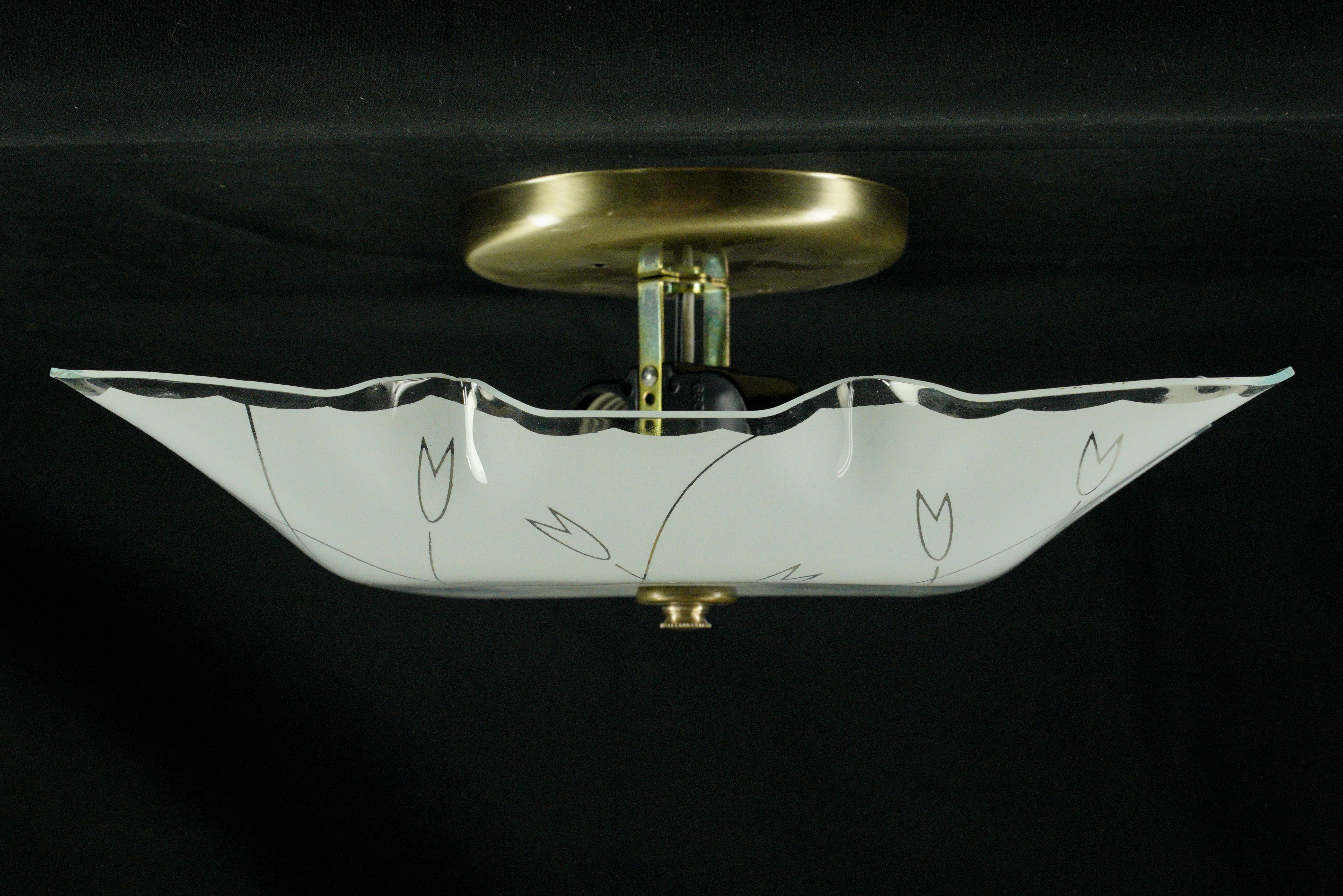 Mid-Century Modern Square White Floral Semi Flush Light In Good Condition For Sale In New York, NY