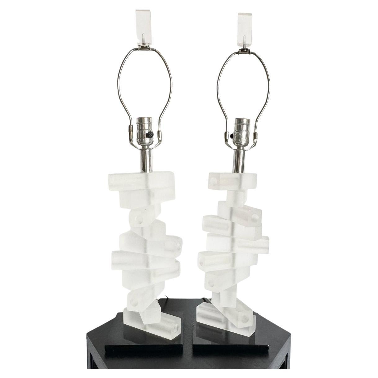 Mid Century Modern Stacked Frosted Acrylic Table Lamps - A Pair For Sale