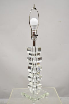 Mid-Century Modern Stacked Lucite Acrylic Ice Cube Column Table Lamp with Shade