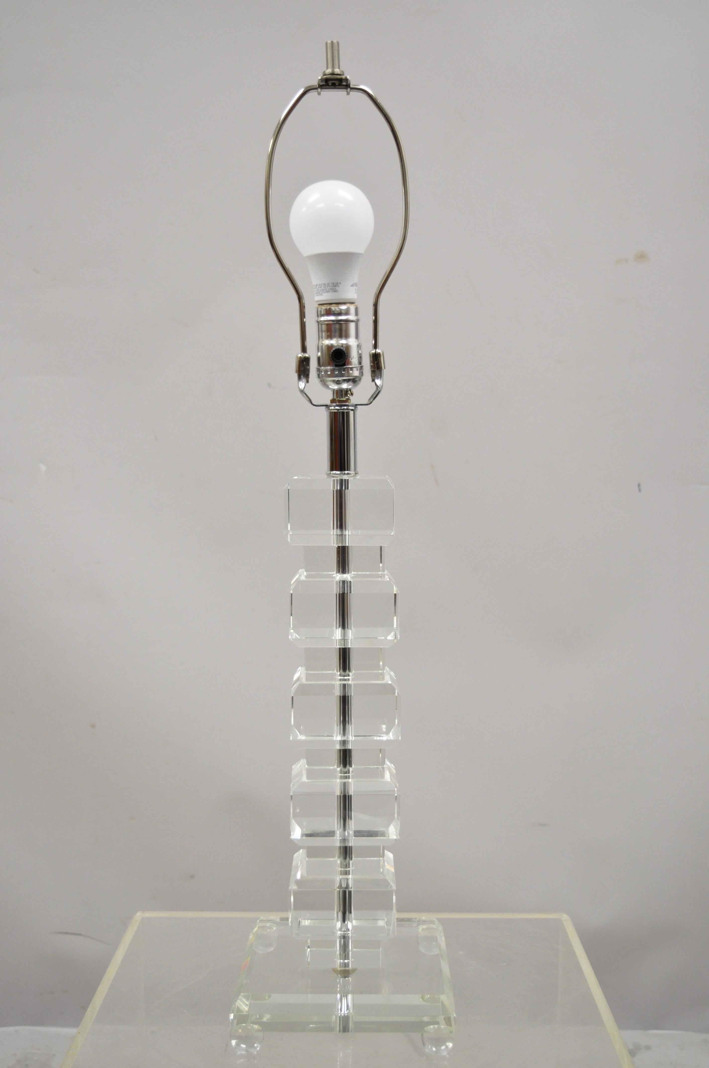 Chrome Mid-Century Modern Stacked Lucite Acrylic Ice Cube Column Table Lamp with Shade For Sale