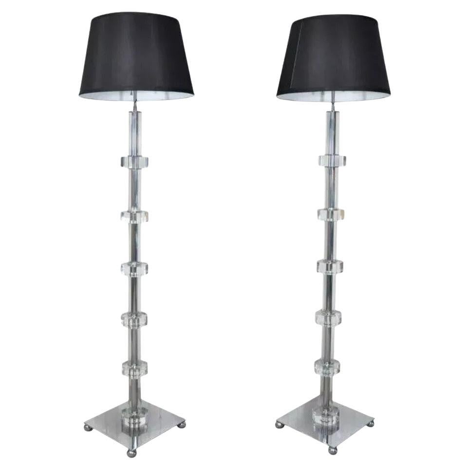 Mid Century Modern Stacked Lucite and Chrome Skyscraper Floor Lamps - a Pair