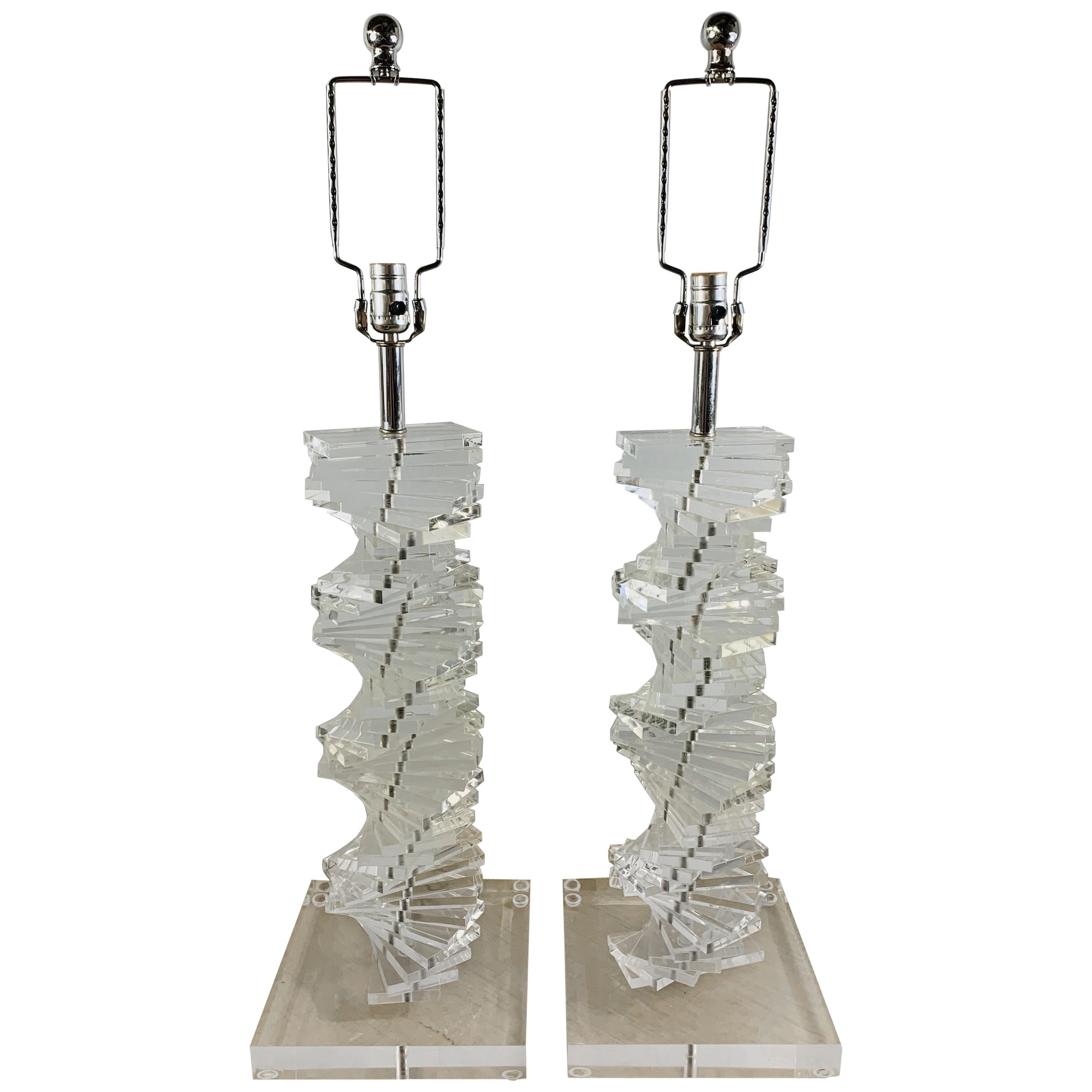 Mid-Century Modern Stacked Lucite Table Lamp "Grand Staircase", a Pair For Sale