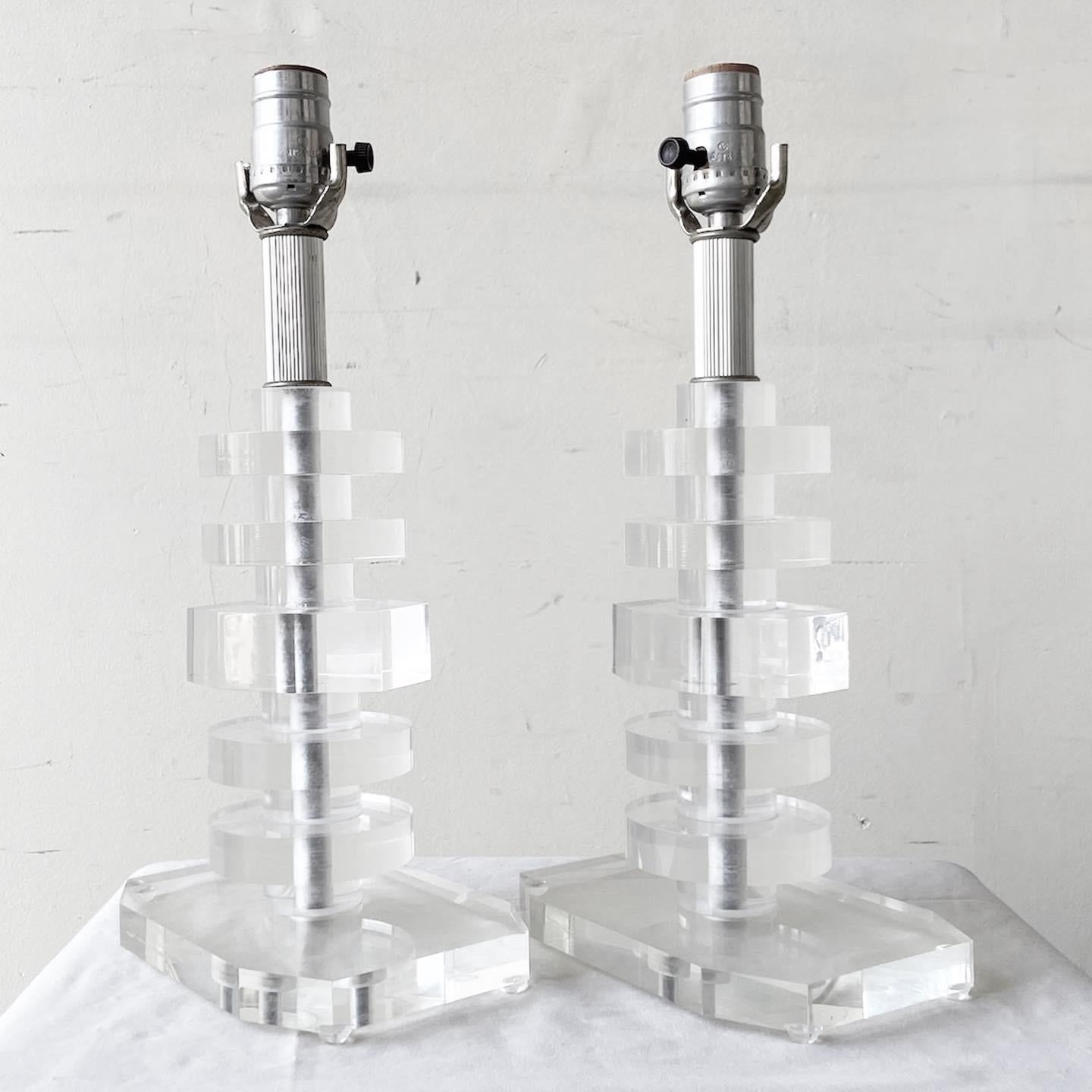 American Mid-Century Modern Stacked Lucite Table Lamps, a Pair