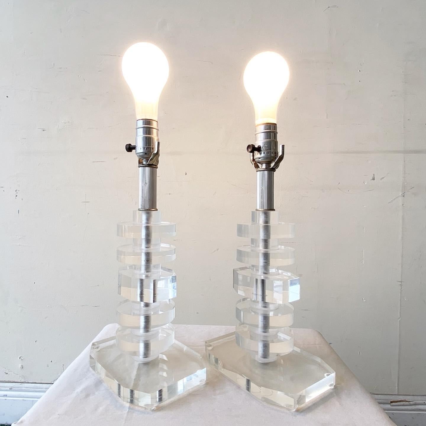 American Mid Century Modern Stacked Lucite Table Lamps - a Pair For Sale