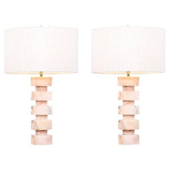 Mid-Century Modern Stacked Pink Carrara Marble Disc Table Lamps