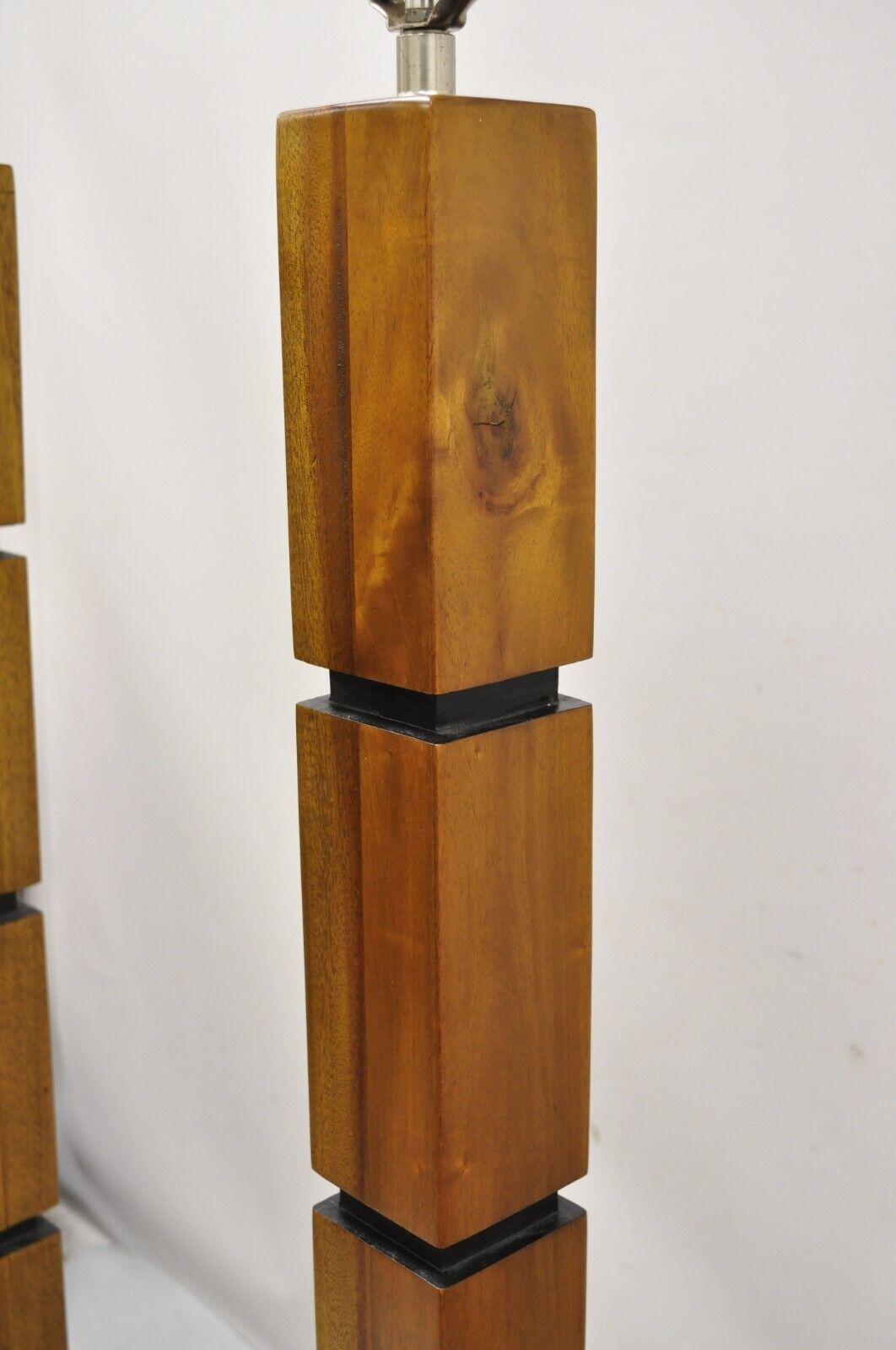 20th Century Mid-Century Modern Stacked Teak Wood Cube Modernist Pole Floor Lamps, a Pair