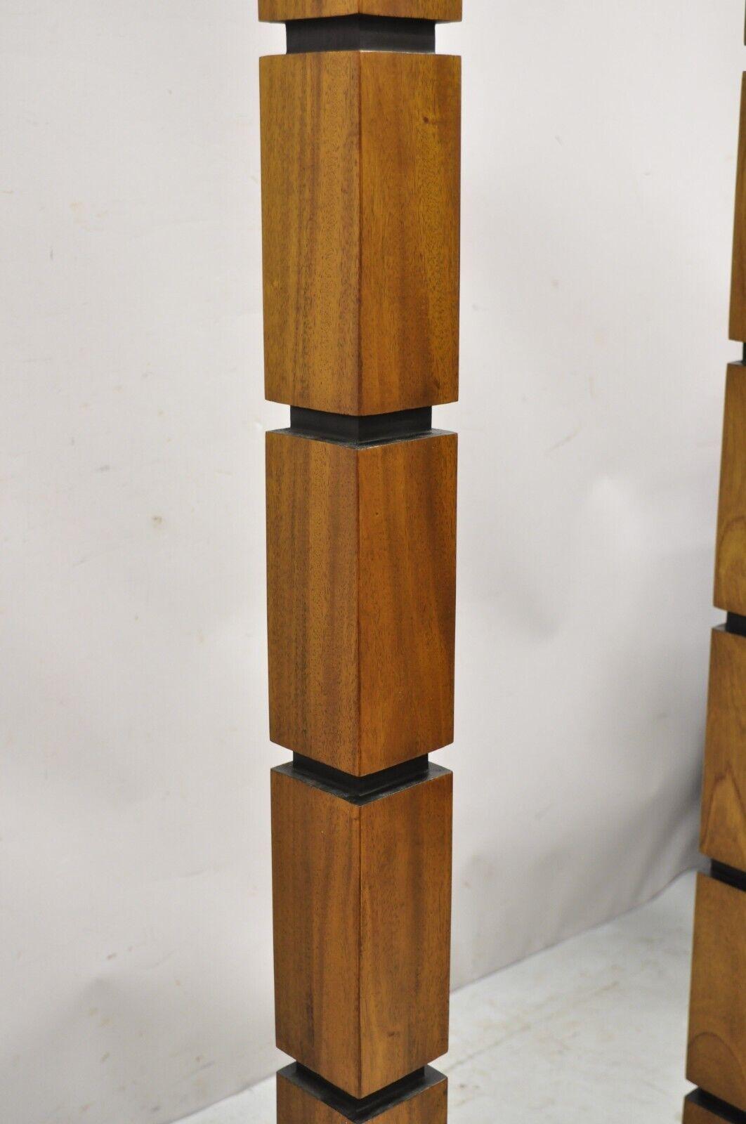 Mid-Century Modern Stacked Teak Wood Cube Modernist Pole Floor Lamps, a Pair 1