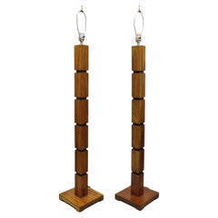 Mid-Century Modern Stacked Teak Wood Cube Modernist Pole Floor Lamps, a Pair