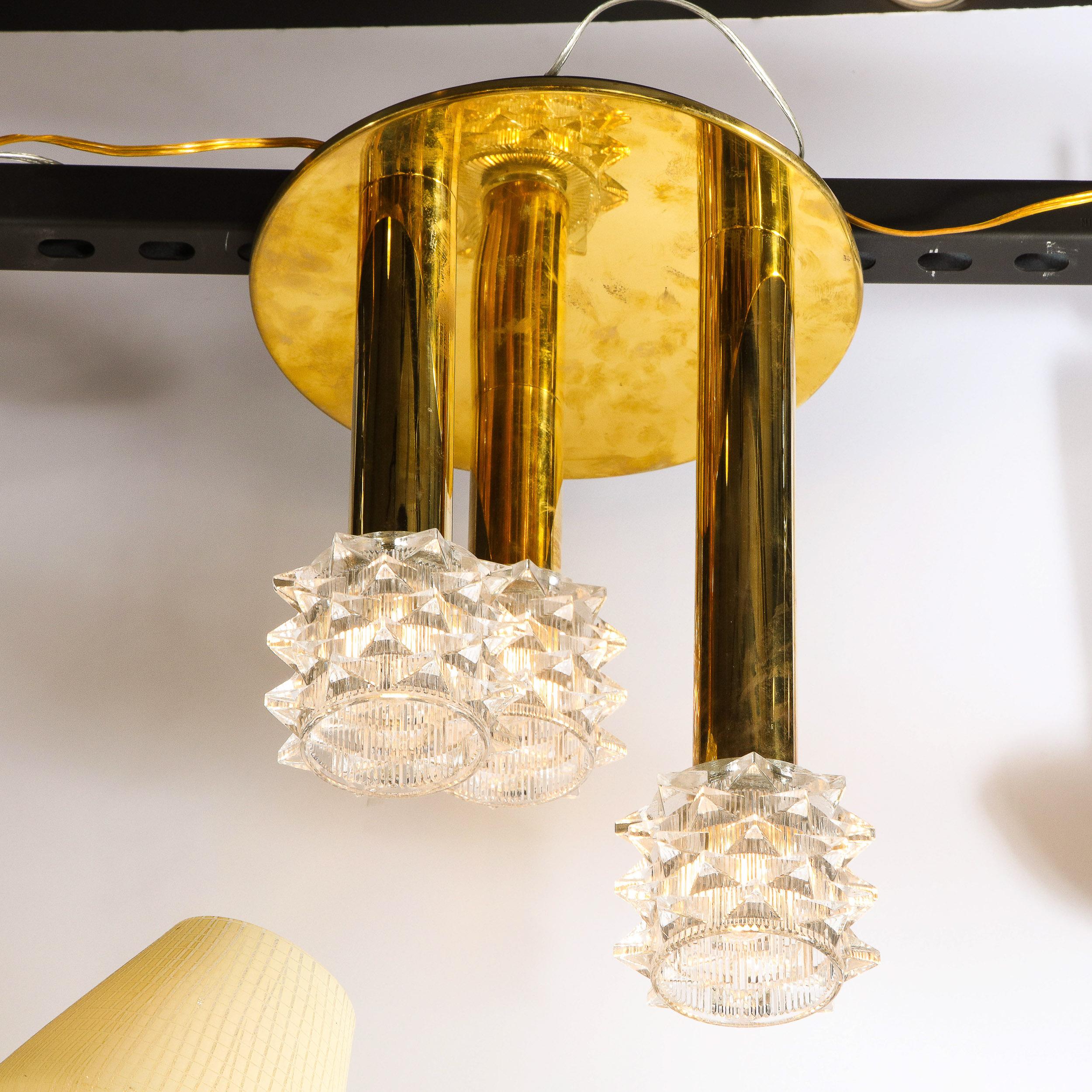 German Mid-Century Modern Staggered Three Arm Polished Brass & Faceted Glass Chandelier For Sale