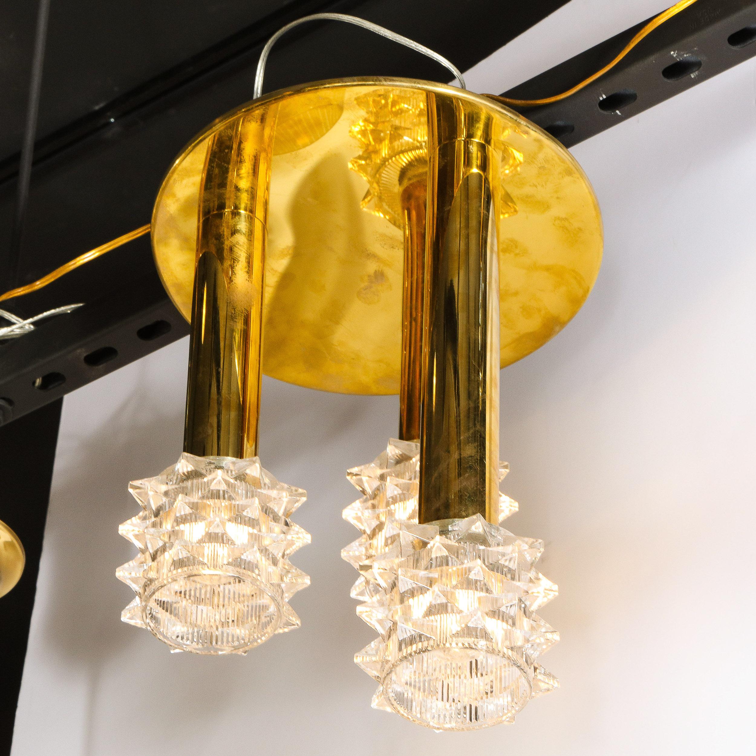 Mid-Century Modern Staggered Three Arm Polished Brass & Faceted Glass Chandelier In Good Condition For Sale In New York, NY