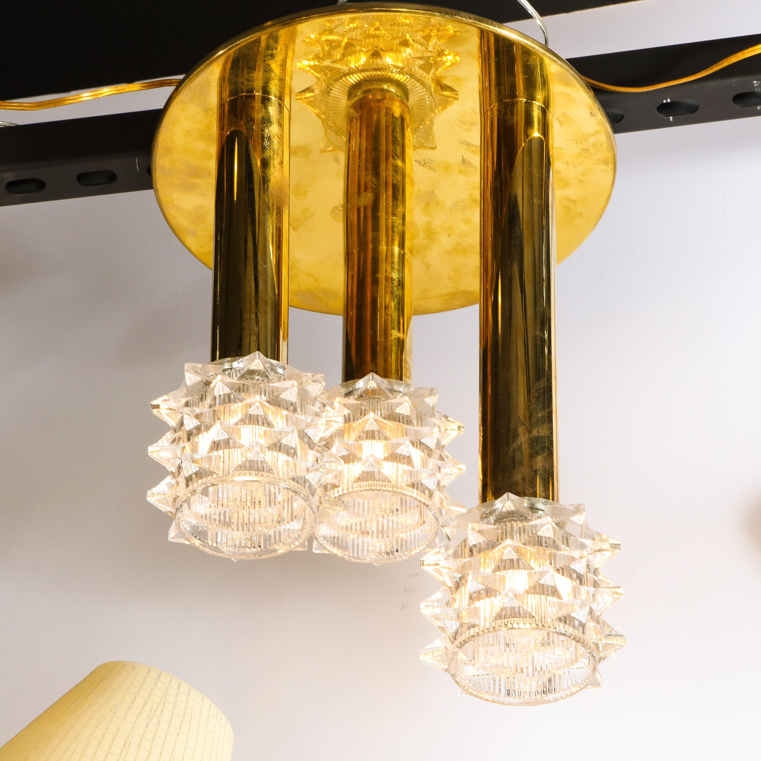 Mid-Century Modern Staggered Three Arm Polished Brass & Faceted Glass Chandelier For Sale 1