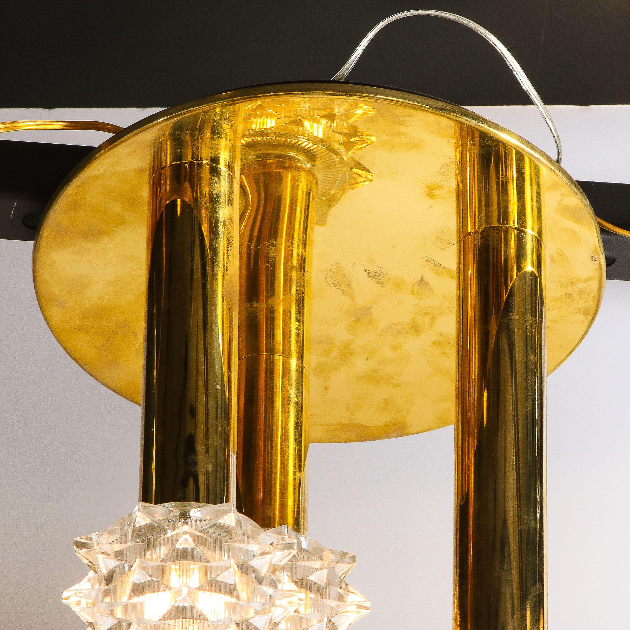 Mid-Century Modern Staggered Three Arm Polished Brass & Faceted Glass Chandelier For Sale 2