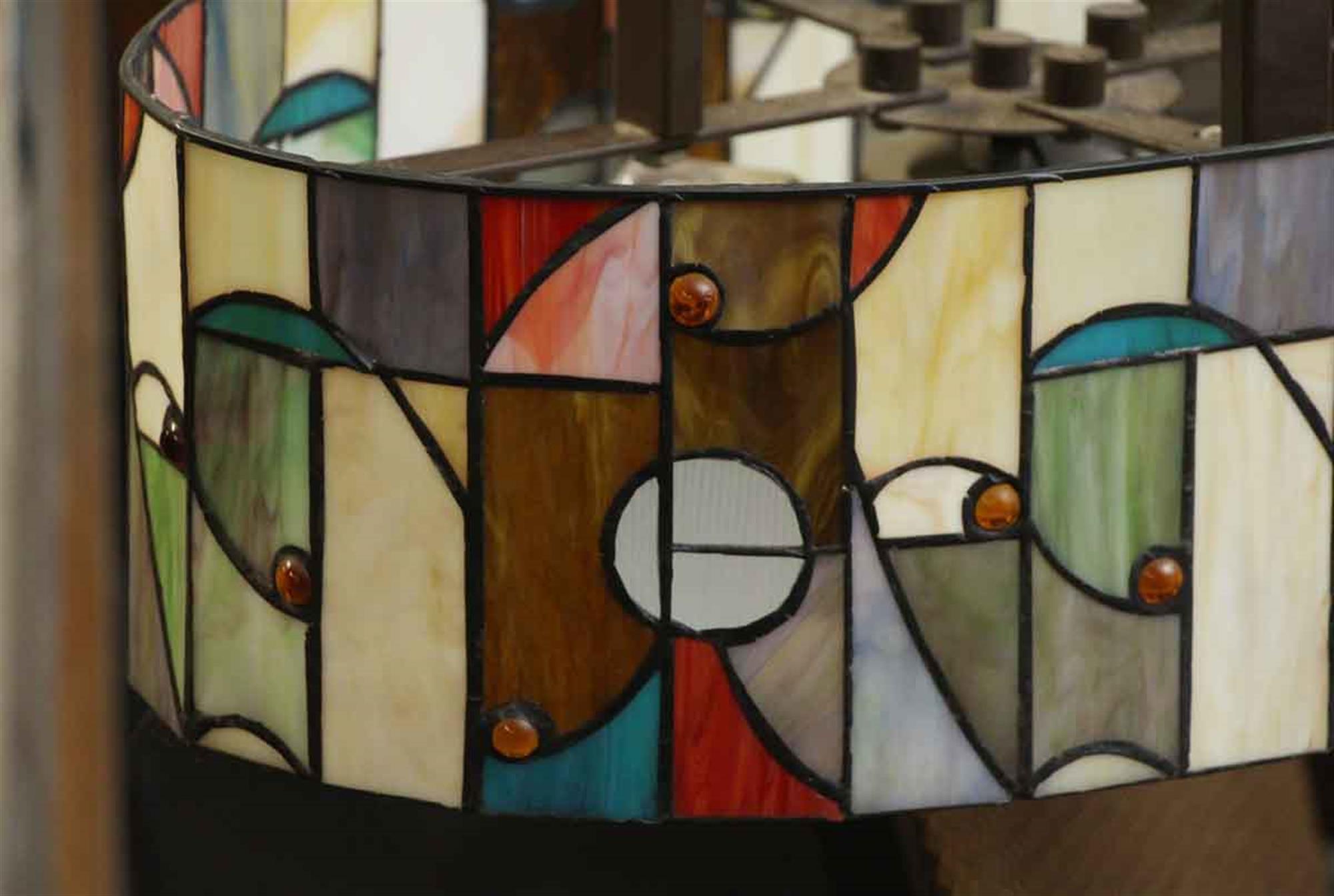 Chinese 2008 Mid-Century Modern Stained Glass and  Bronze Oval Shaped Pendant Light
