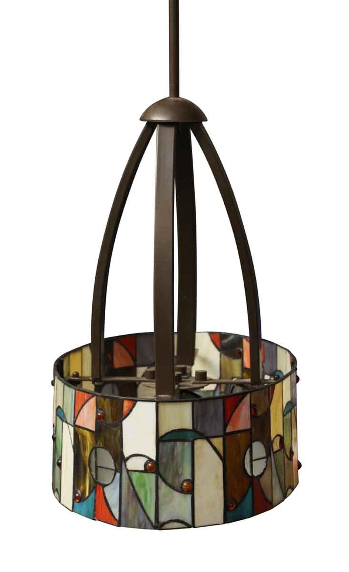 2008 Mid-Century Modern Stained Glass and  Bronze Oval Shaped Pendant Light In Good Condition In New York, NY