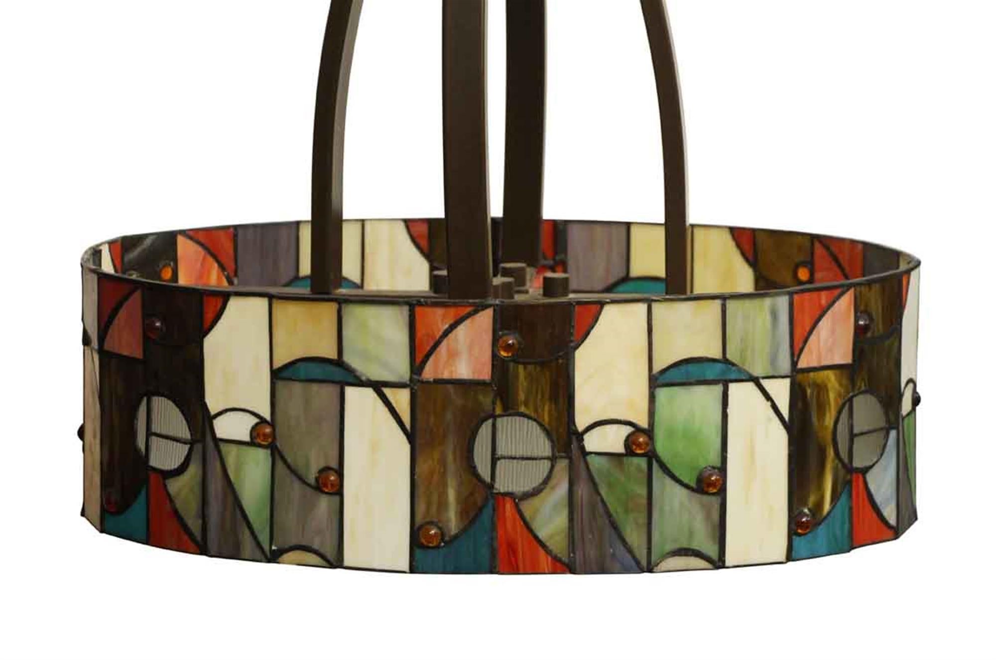 Contemporary 2008 Mid-Century Modern Stained Glass and  Bronze Oval Shaped Pendant Light