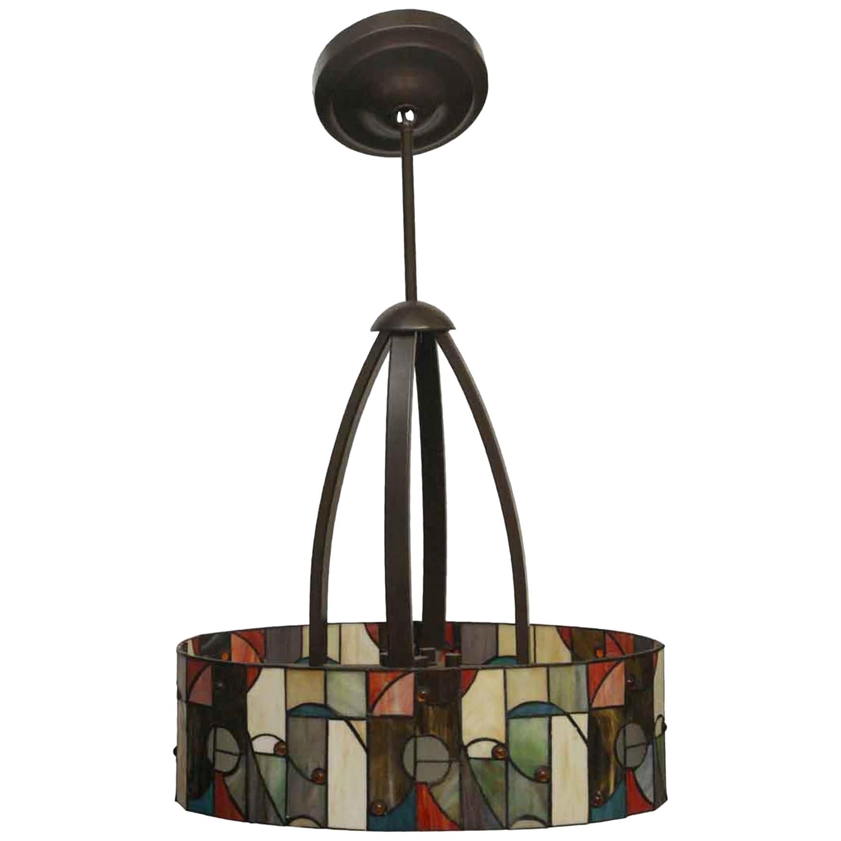 2008 Mid-Century Modern Stained Glass and  Bronze Oval Shaped Pendant Light