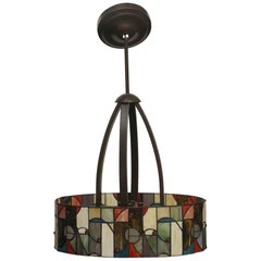 2008 Mid-Century Modern Stained Glass and  Bronze Oval Shaped Pendant Light