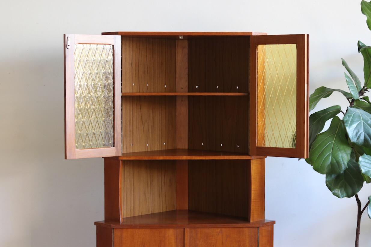 Danish Mid-Century Modern Stained Glass Corner Cabinet