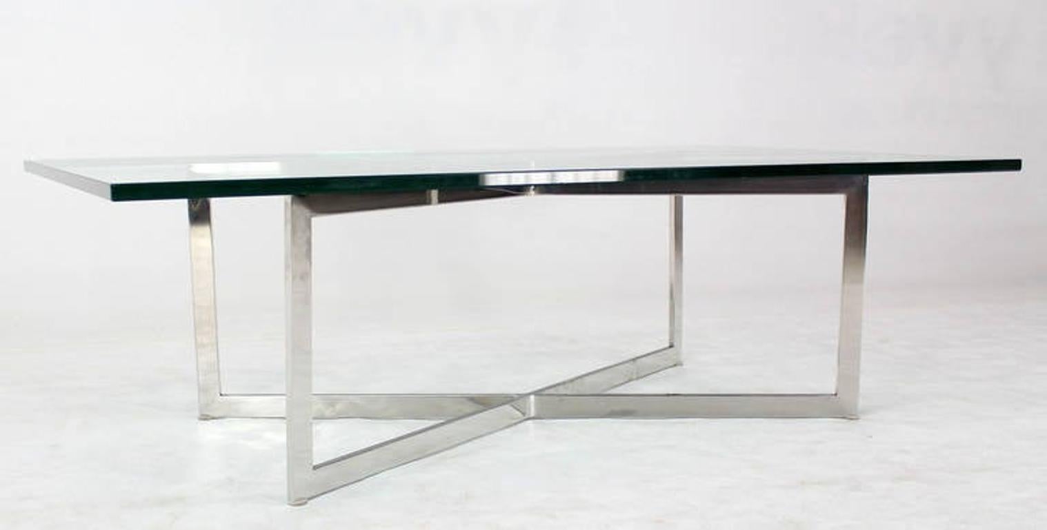 American Mid Century Modern Stainless Chrome X-Base Coffee Table with Glass Top For Sale