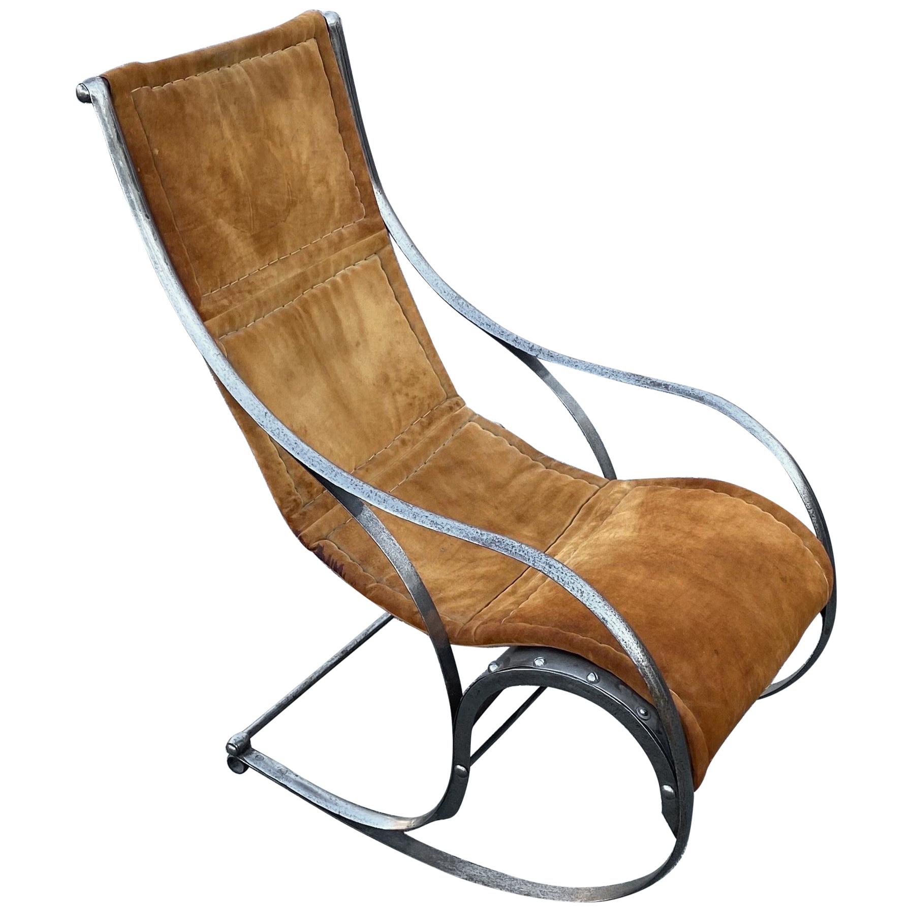 Mid-Century Modern Stainless Steel and Suede Rocking Chair by Maison Jansen