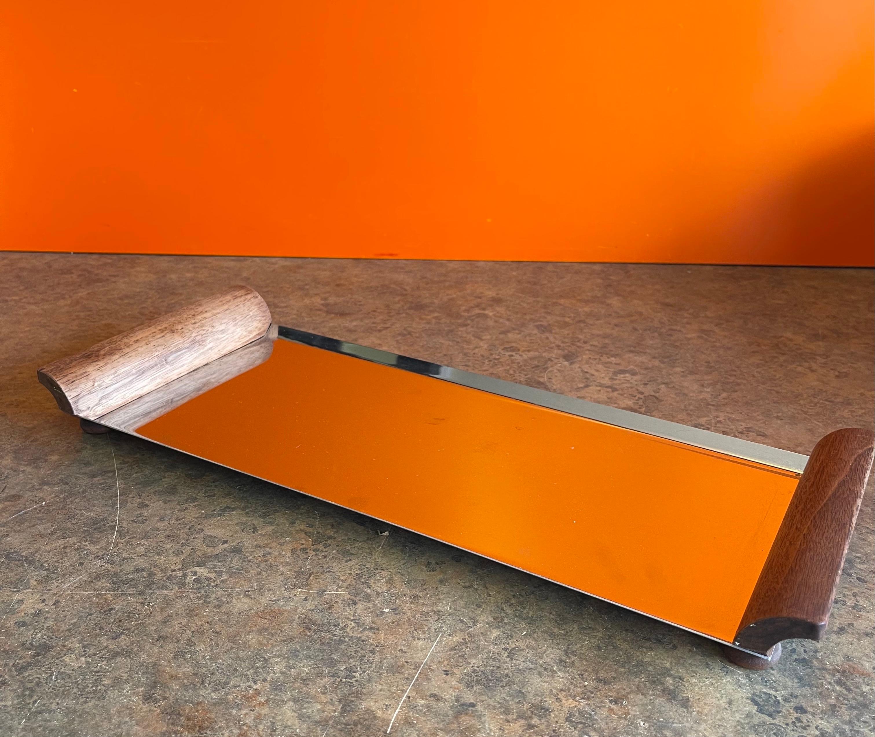 American Mid-Century Modern Stainless Steel & Walnut Serving Tray For Sale