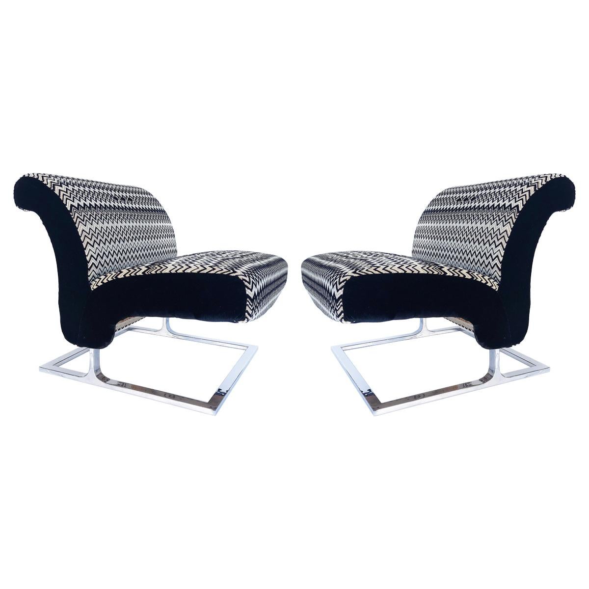 Mid-Century Modern Stainless Upholstered Slipper Chairs, Pair For Sale