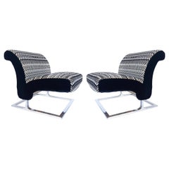 Mid-Century Modern Stainless Upholstered Slipper Chairs, Pair