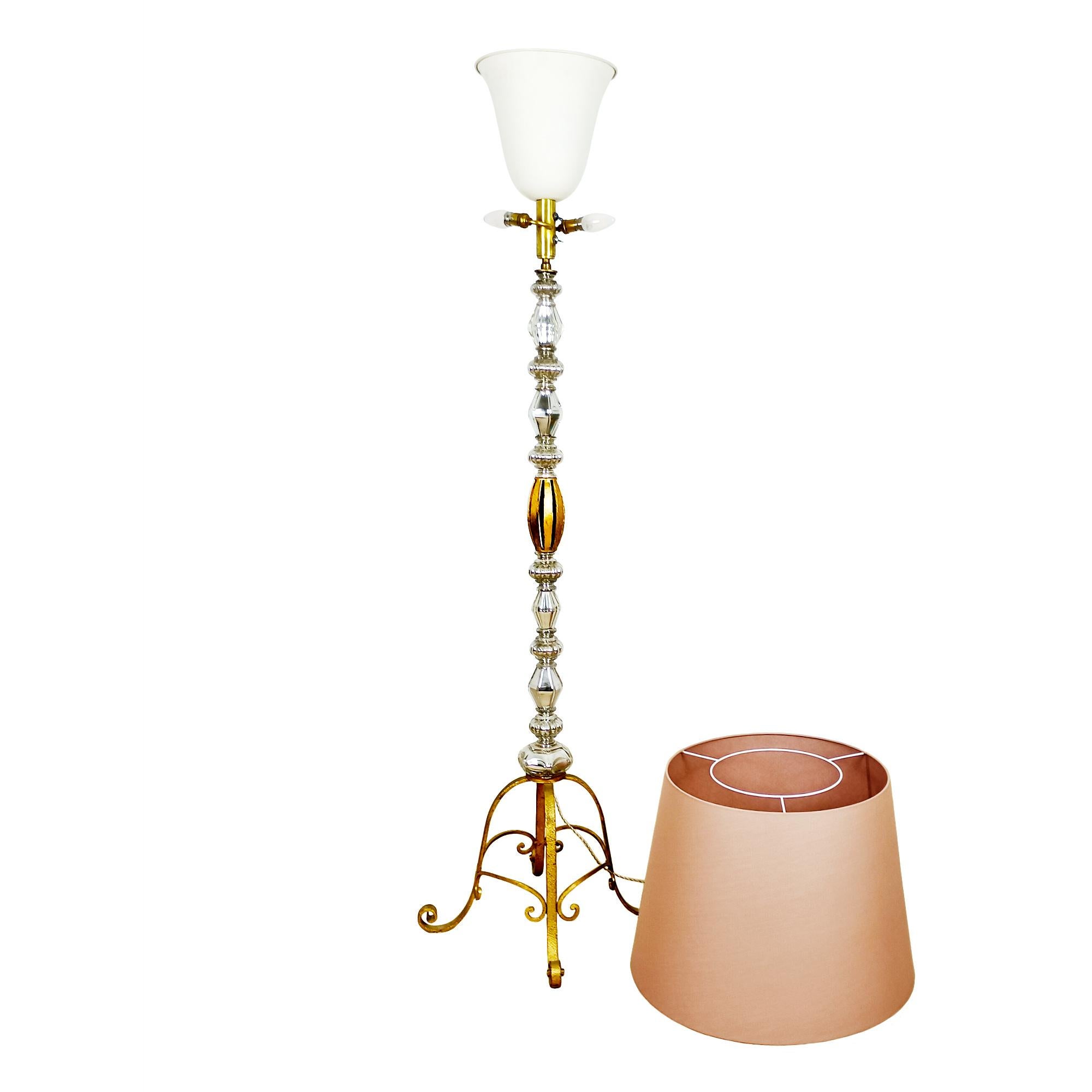 French Mid-Century Modern Standing Lamp in Wrought Iron, Blown Glass, Brass - France For Sale