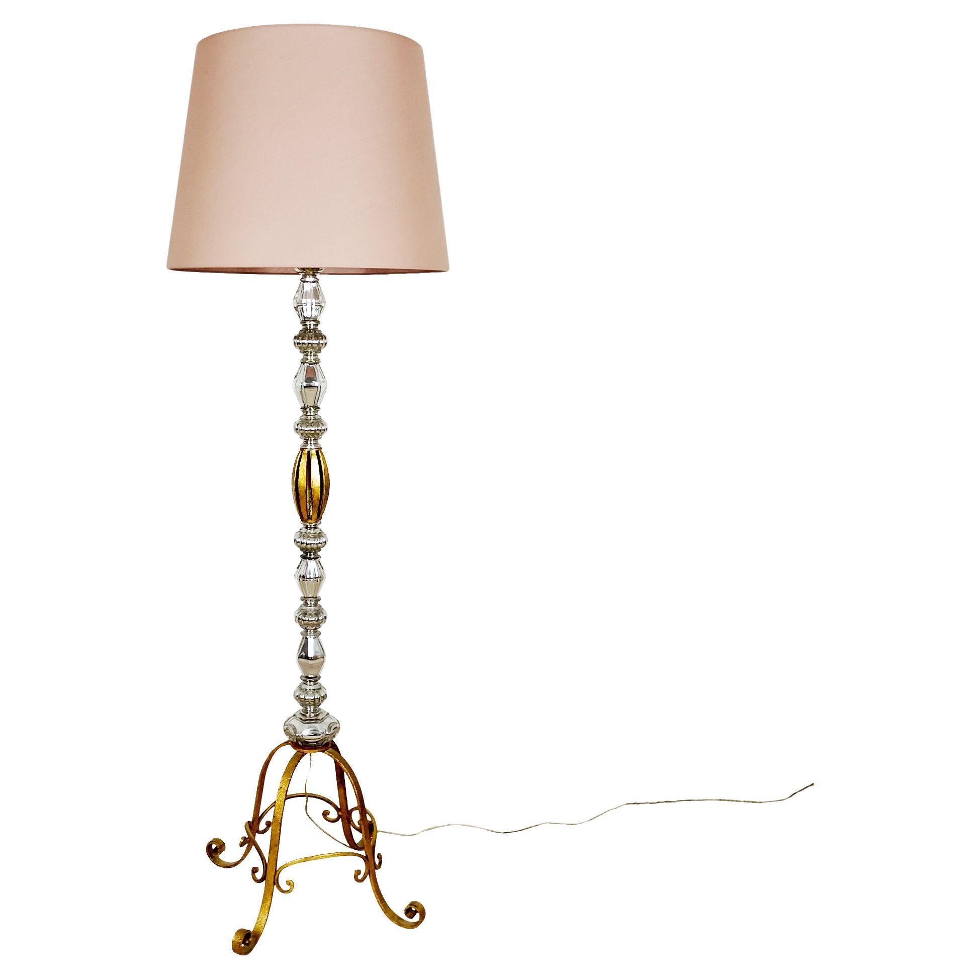Mid-Century Modern Standing Lamp in Wrought Iron, Blown Glass, Brass - France