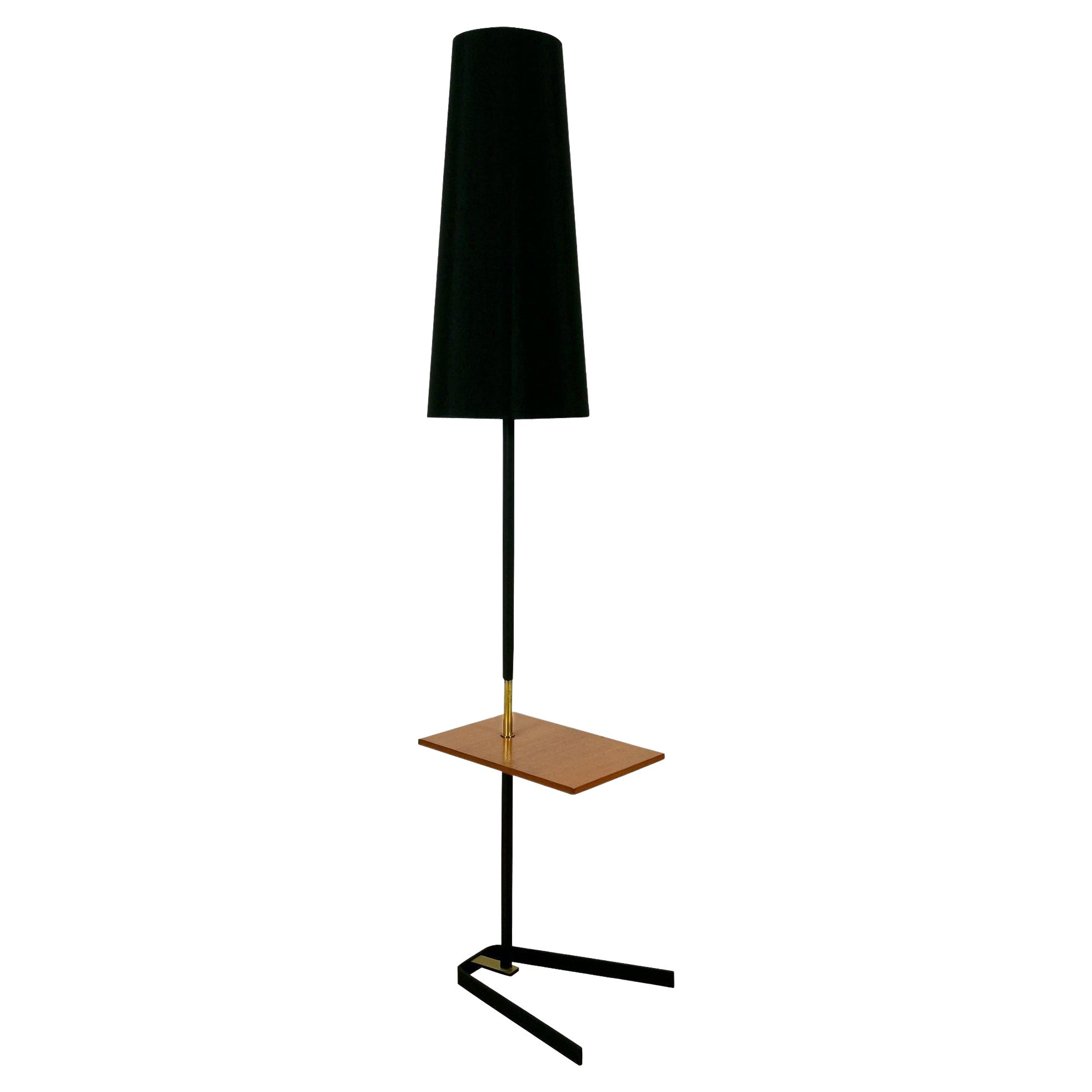 Lampada a stelo moderna di metà secolo con ripiano in mogano - Francia anni '60