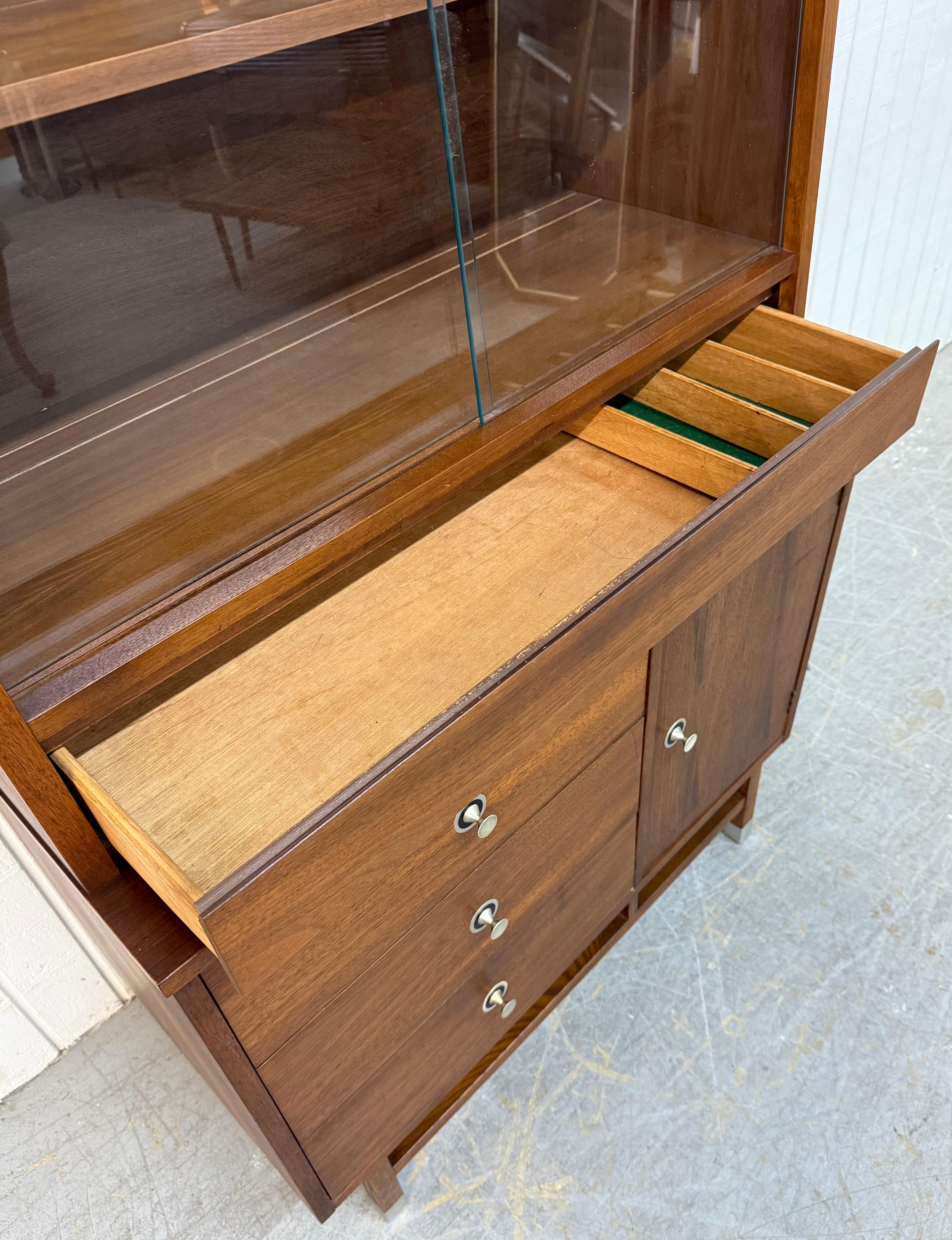 Glass Mid-Century Modern Stanley Walnut Hutch For Sale