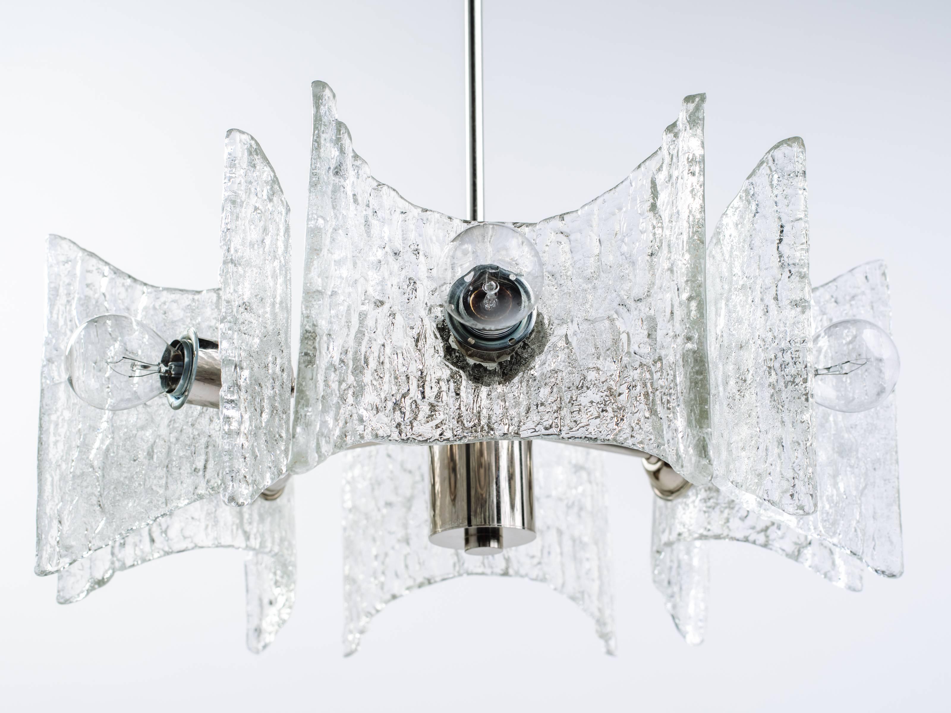 German Mid-Century Modern Starburst Chandelier with Ice Glass Design by Kalmar