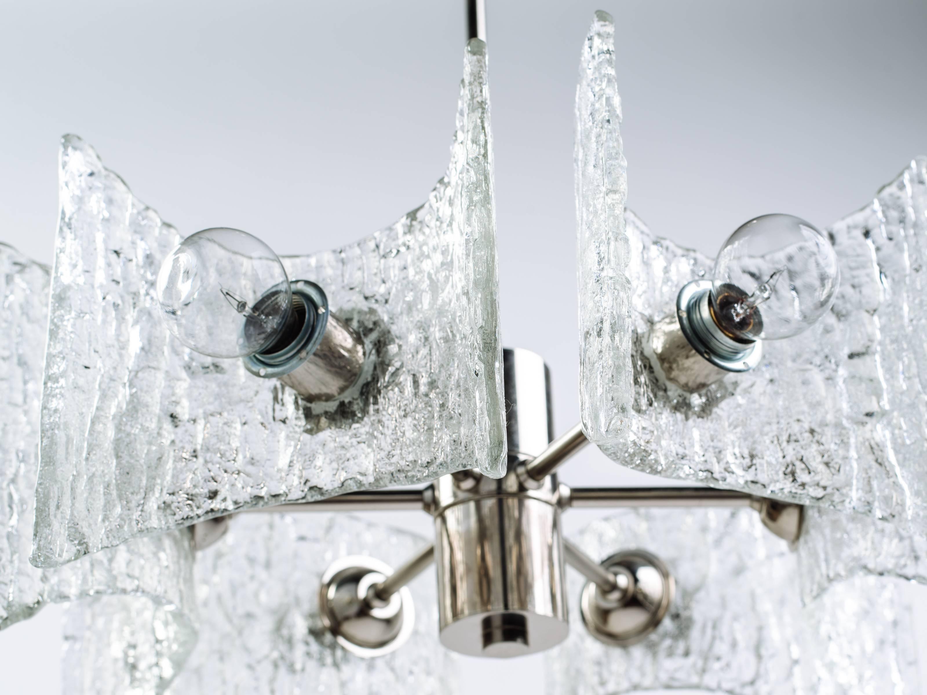 Blown Glass Mid-Century Modern Starburst Chandelier with Ice Glass Design by Kalmar