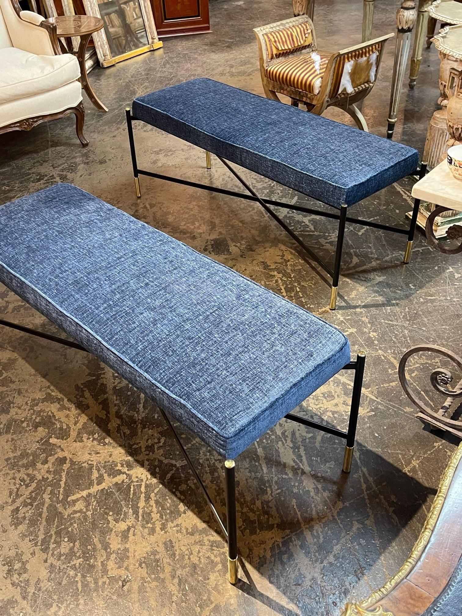 Mid-Century Modern Steel and Brass Upholstered Benches 1