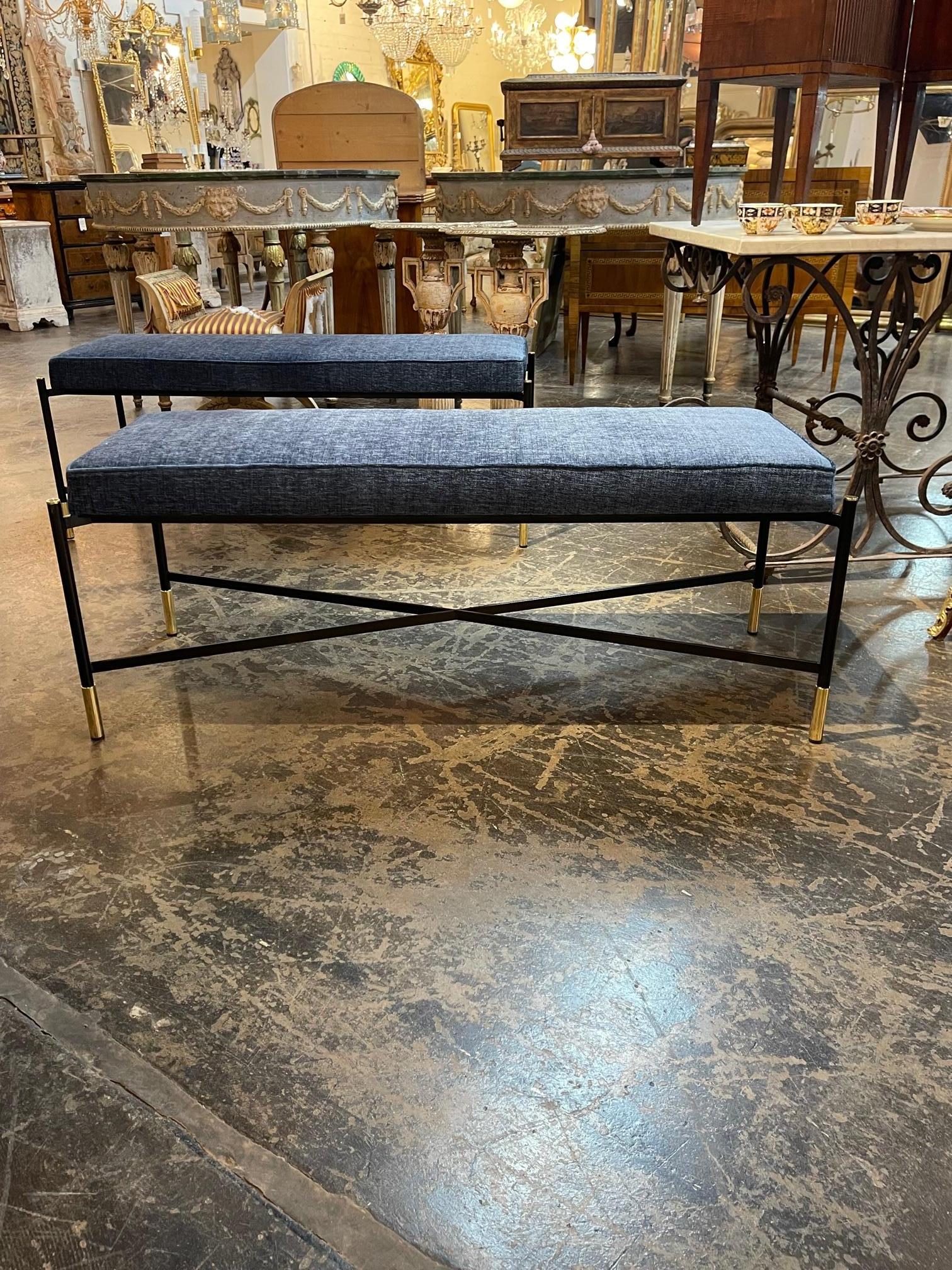 Mid-Century Modern Steel and Brass Upholstered Benches 2