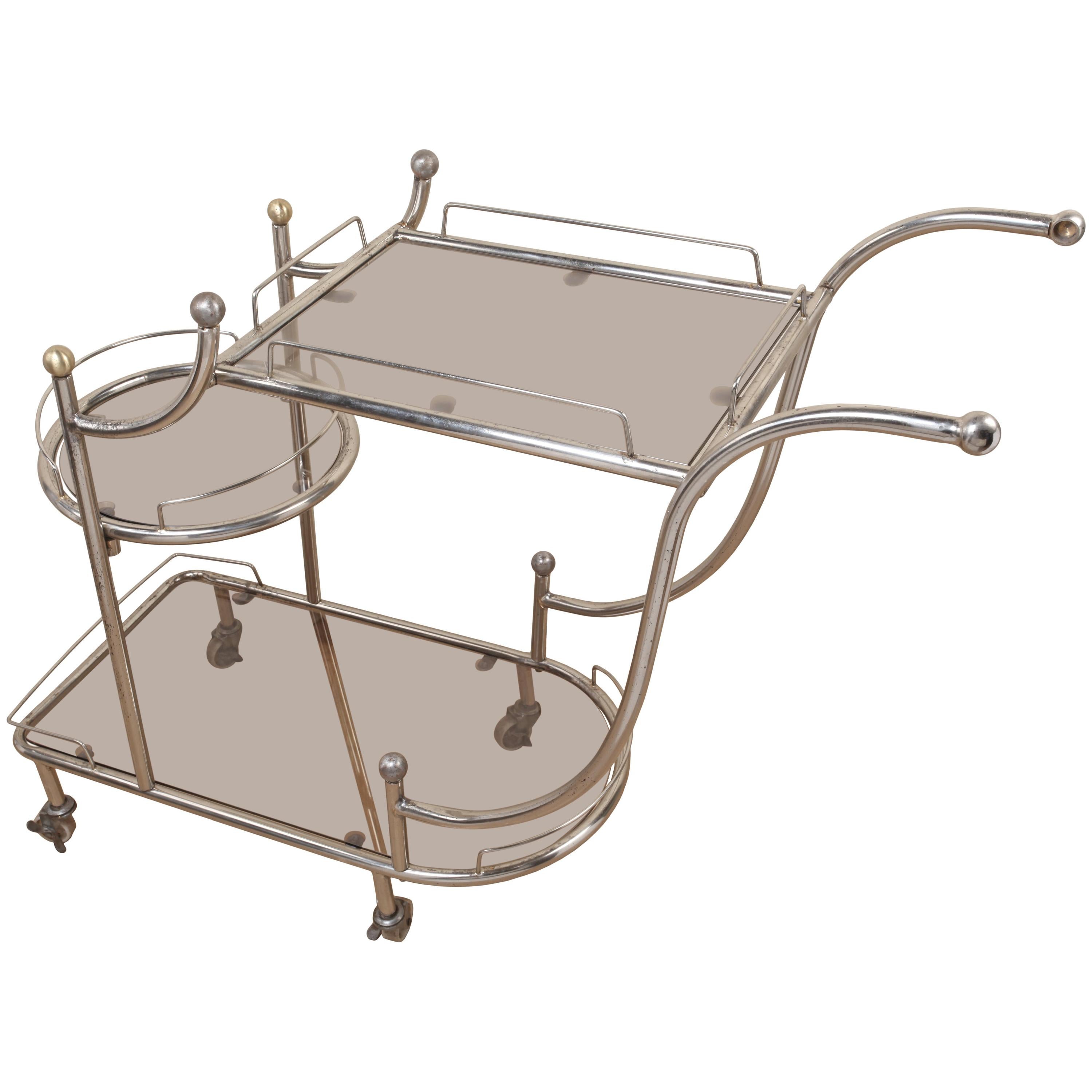 Mid-Century Modern Steel Bar Cart with Smoked Glass Shelves