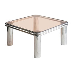 Mid-Century Modern Steel Chromed Pink Glass Side Table, Italy, 1970